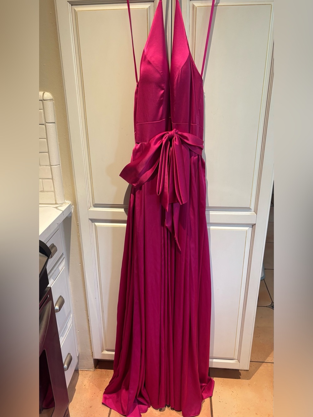 Mac Duggal Fuchsia Pink Satin Maxi Dress with Waist Tie